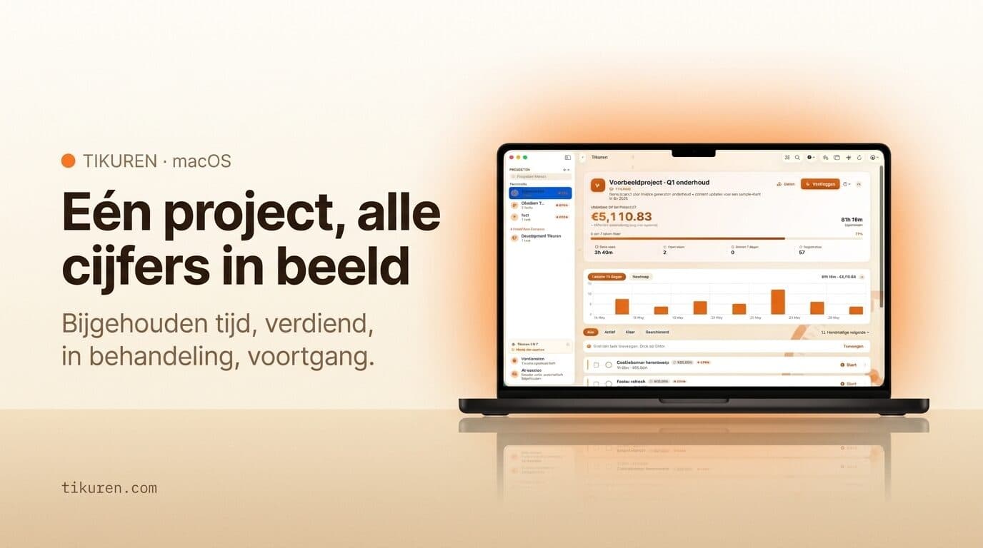 Projectoverzicht: verdiend, in behandeling, getrackte tijd, voortgang en de 14-daagse grafiek.